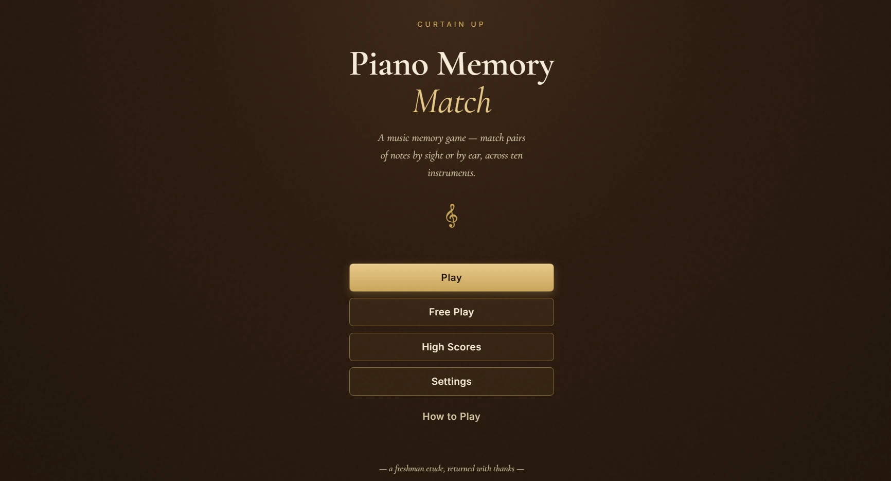 Piano Memory Match main menu showing the title, tagline, and Play / Free Play / High Scores / Settings buttons on a curtain-dark background