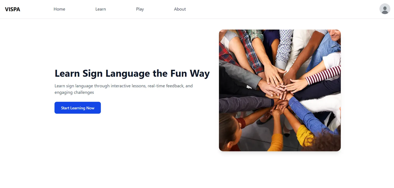 VISPA sign language learning platform landing screen design